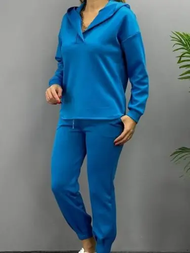 Women's Long Sleeve V Neck Hoodie Detail Sweatshirt And High Waist Tracksuit Set - 10