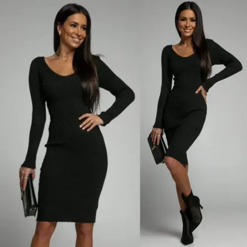 Women's Long Sleeve V Neck Knit Dress - 4