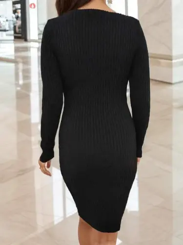 Women's Long Sleeve V Neck Knit Dress - 6