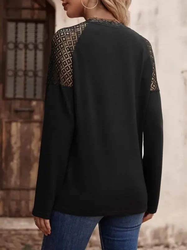 Women's Long Sleeve V Neck Lace Detailed Viscose Blouse - 2