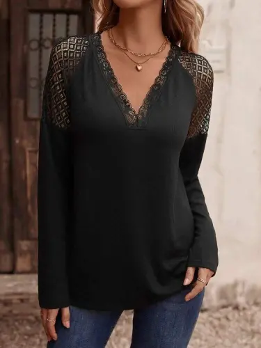 Women's Long Sleeve V Neck Lace Detailed Viscose Blouse - 3