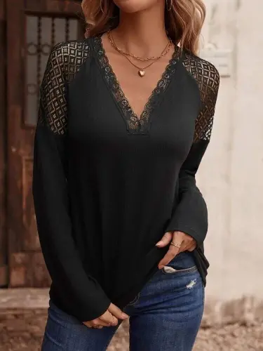 Women's Long Sleeve V Neck Lace Detailed Viscose Blouse - 4