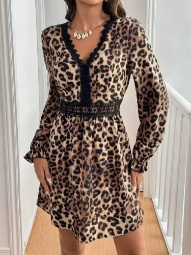 Women's Long Sleeve V Neck Lace Leopard Print Modal Mini Dress - 3