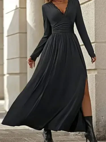 Women's Long Sleeve V Neck Lace Up Slit Long Sandy Dress - BÜYÜKBEDENIZ (1)