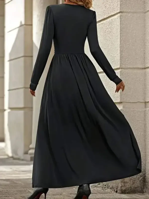 Women's Long Sleeve V Neck Lace Up Slit Long Sandy Dress - 4