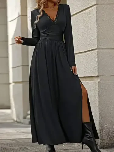 Women's Long Sleeve V Neck Lace Up Slit Long Sandy Dress - 5