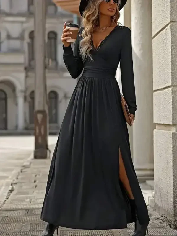 Women's Long Sleeve V Neck Lace Up Slit Long Sandy Dress - 6
