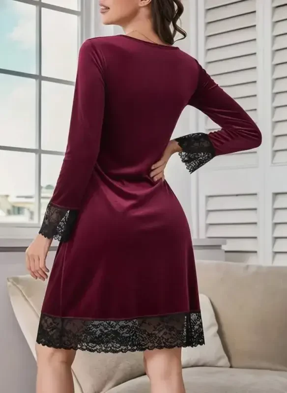 Women's Long Sleeve V Neck Lace Velvet Mini Dress - 2