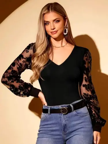 Women's Long Sleeve V Neck Lace Viscose Blouse - 3