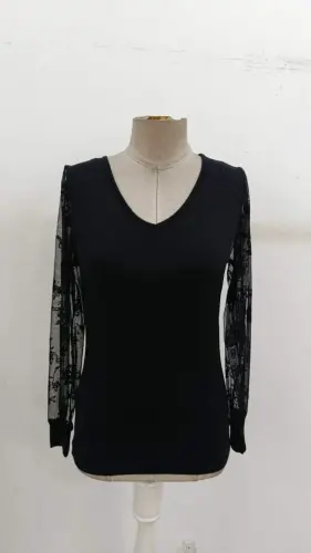 Women's Long Sleeve V Neck Lace Viscose Blouse - 6