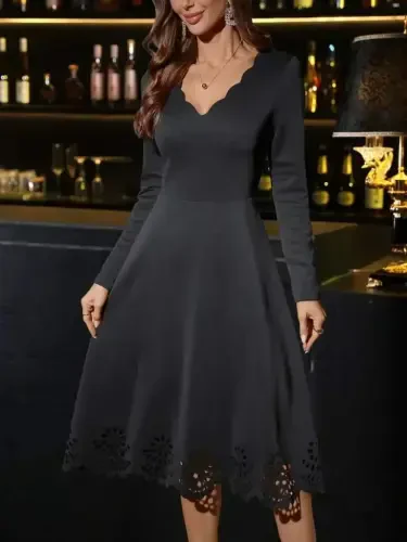 Women's Long Sleeve V-Neck Laser Cut Detailed Midi Imported Crepe Dress - 1