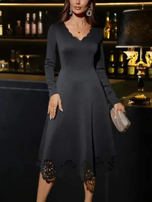 Women's Long Sleeve V-Neck Laser Cut Detailed Midi Imported Crepe Dress - 2