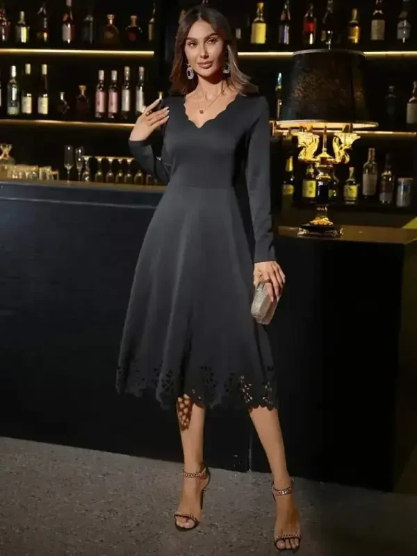 Women's Long Sleeve V-Neck Laser Cut Detailed Midi Imported Crepe Dress - 3