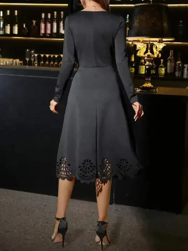 Women's Long Sleeve V-Neck Laser Cut Detailed Midi Imported Crepe Dress - 4