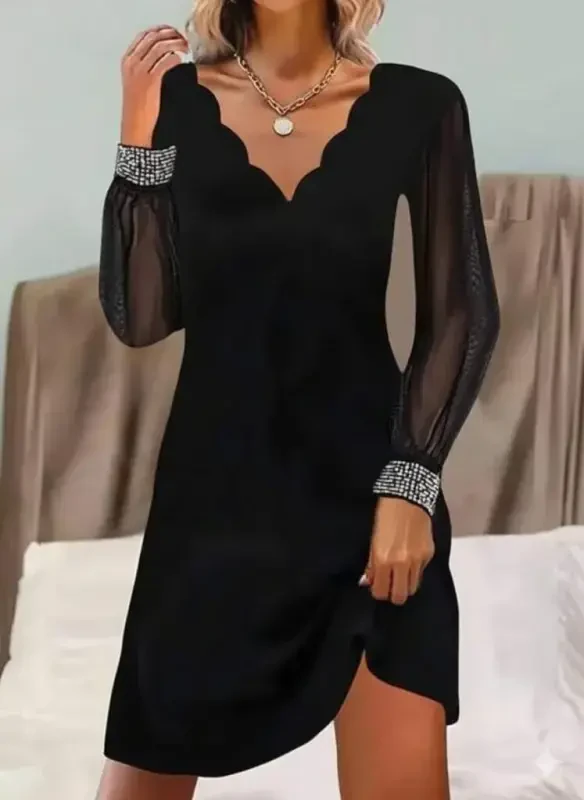 Women's Long Sleeve V Neck Laser Cut Tulle Detailed Mini Imported Crepe Dress - BÜYÜKBEDENIZ