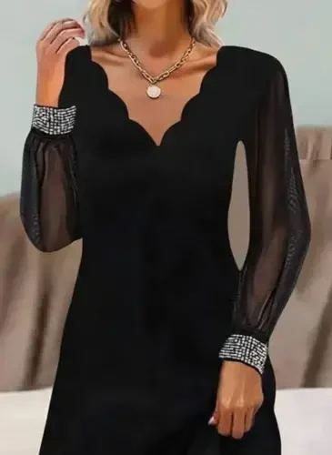 Women's Long Sleeve V Neck Laser Cut Tulle Detailed Mini Imported Crepe Dress - BÜYÜKBEDENIZ (1)