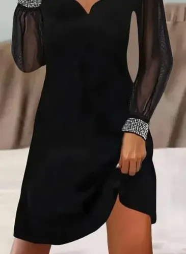 Women's Long Sleeve V Neck Laser Cut Tulle Detailed Mini Imported Crepe Dress - 3