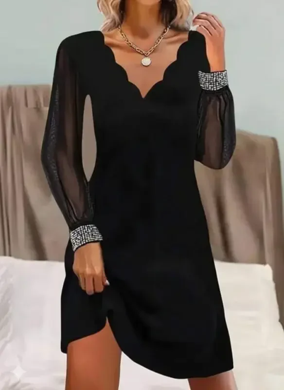 Women's Long Sleeve V Neck Laser Cut Tulle Detailed Mini Imported Crepe Dress - 4
