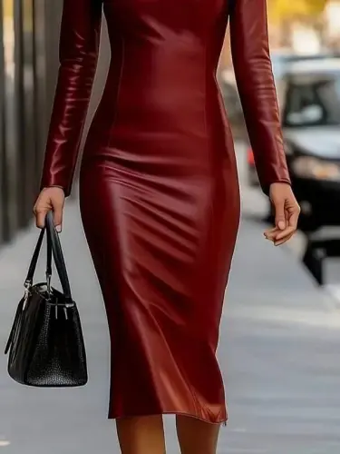 Women's Long Sleeve V Neck Leather Midi Dress - 3