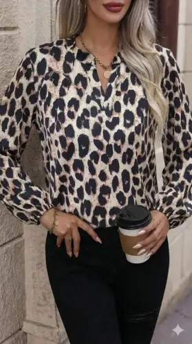 Women's Long Sleeve V Neck Leopard Print Supreme Blouse - 1