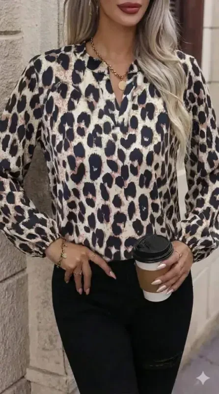 Women's Long Sleeve V Neck Leopard Print Supreme Blouse - 1