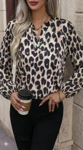 Women's Long Sleeve V Neck Leopard Print Supreme Blouse - 3