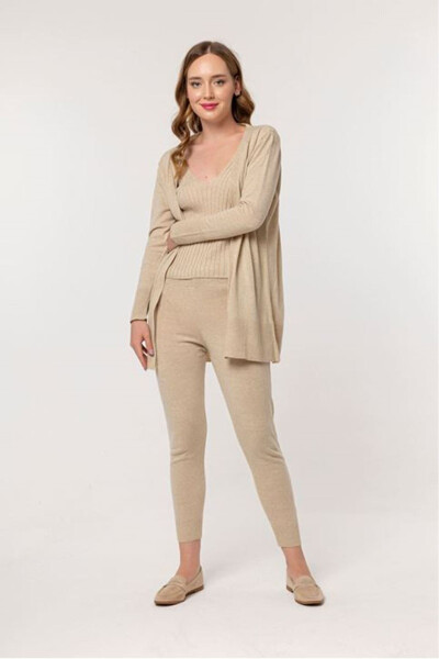 Women's Long Sleeve V-Neck Longline Knit Suit 3 Piece - Beige - 1