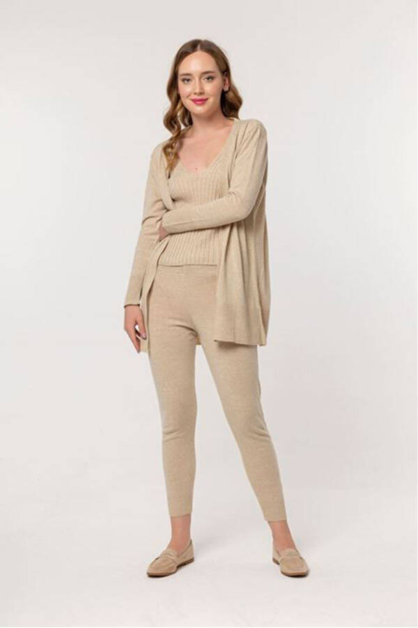 Women's Long Sleeve V-Neck Longline Knit Suit 3 Piece - Beige - 1