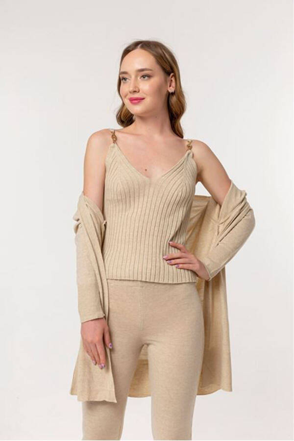 Women's Long Sleeve V-Neck Longline Knit Suit 3 Piece - Beige - 2