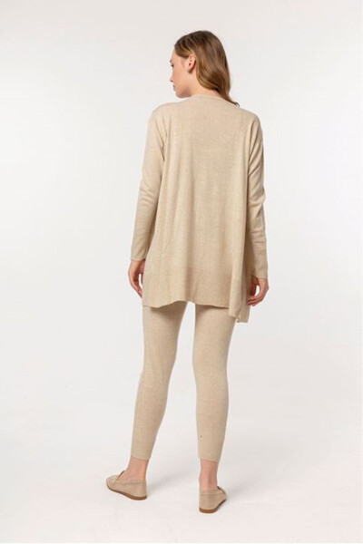 Women's Long Sleeve V-Neck Longline Knit Suit 3 Piece - Beige - 5