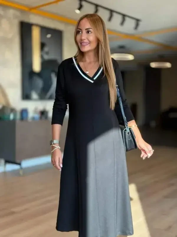 Women's Long Sleeve V Neck Midi Modal Dress - 1