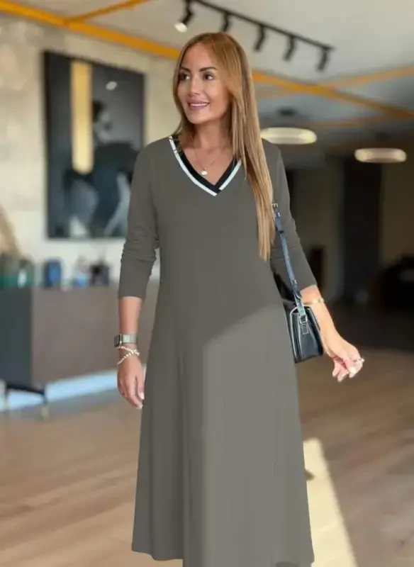 Women's Long Sleeve V Neck Midi Seafoam Green Modal Dress - 1