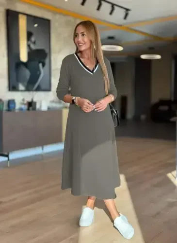 Women's Long Sleeve V Neck Midi Seafoam Green Modal Dress - BÜYÜKBEDENIZ (1)