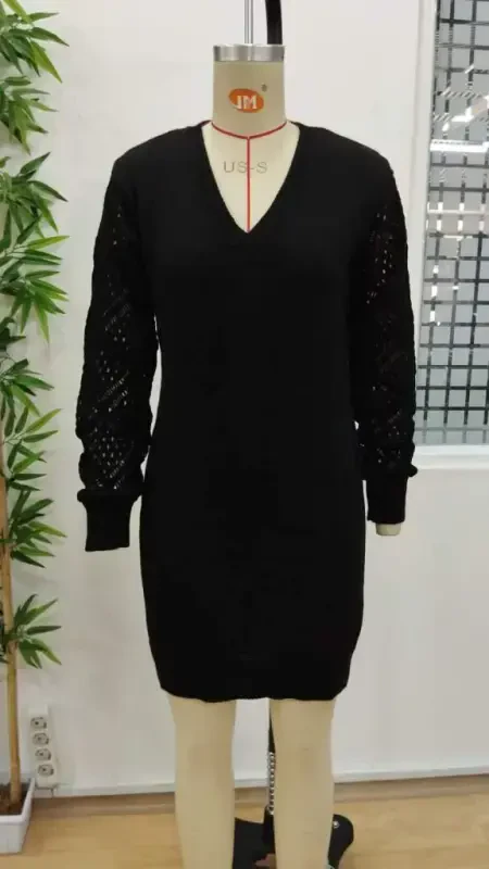 Women's Long Sleeve V Neck Mini Knitted Dress - 7