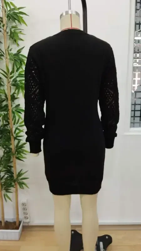 Women's Long Sleeve V Neck Mini Knitted Dress - 9