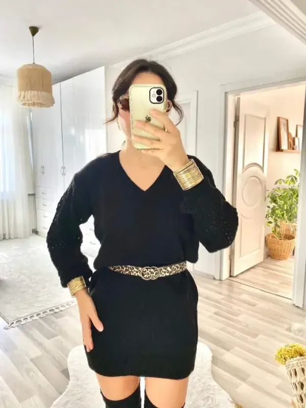 Women's Long Sleeve V Neck Mini Knitted Dress - 13