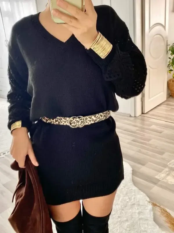Women's Long Sleeve V Neck Mini Knitted Dress - 14