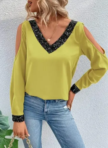 Women's Long Sleeve V Neck Off Shoulder Sandy Blouse - 1