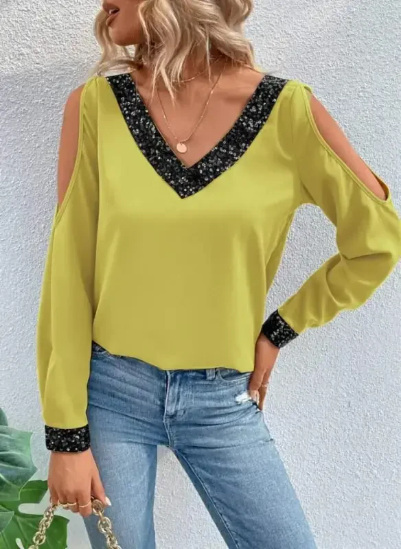 Women's Long Sleeve V Neck Off Shoulder Sandy Blouse - BÜYÜKBEDENIZ