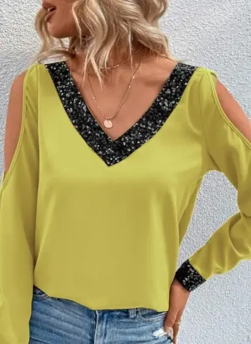 Women's Long Sleeve V Neck Off Shoulder Sandy Blouse - BÜYÜKBEDENIZ (1)