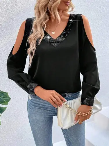 Women's Long Sleeve V Neck Off Shoulder Sandy Blouse - BÜYÜKBEDENIZ (1)