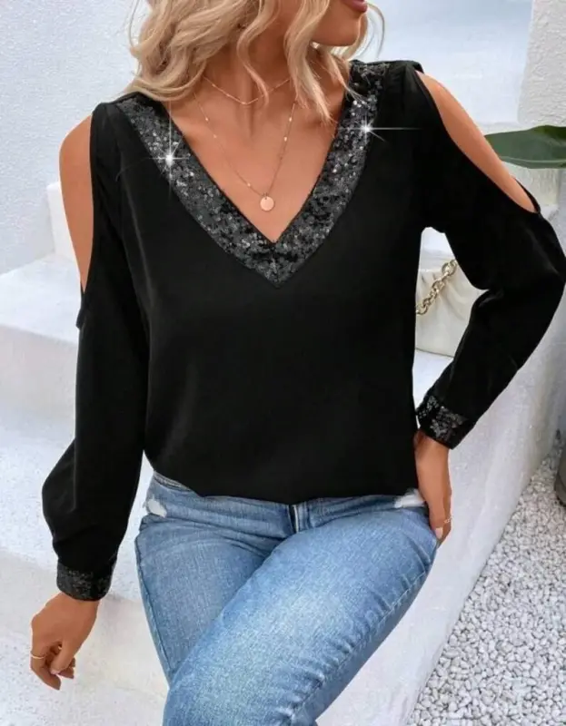 Women's Long Sleeve V Neck Off Shoulder Sandy Blouse - 3