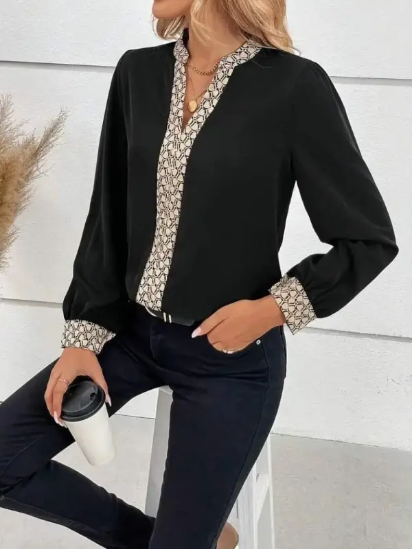 Women's Long Sleeve V Neck Patterned Imported Crepe Blouse - 4
