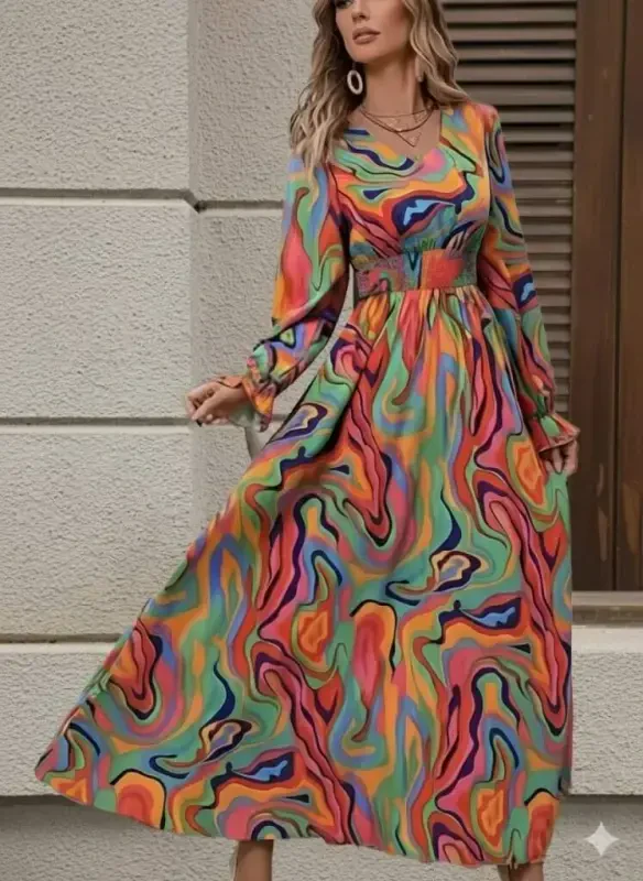 Women's Long Sleeve V Neck Patterned Maxi Supreme Dress - 1