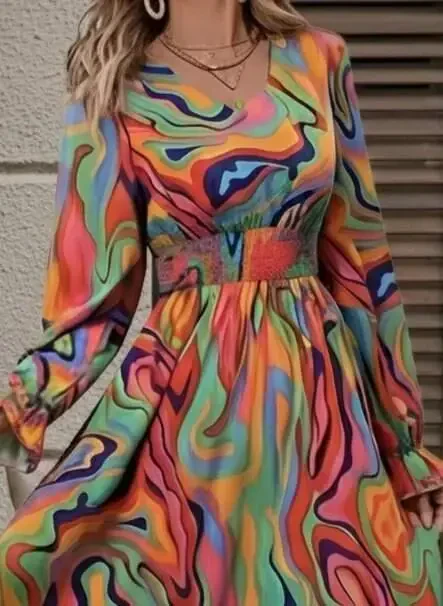 Women's Long Sleeve V Neck Patterned Maxi Supreme Dress - 2