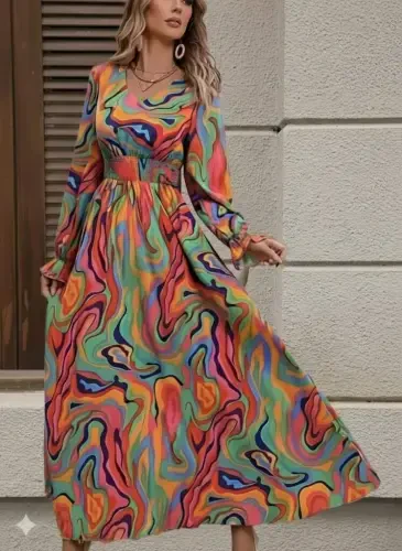 Women's Long Sleeve V Neck Patterned Maxi Supreme Dress - 3