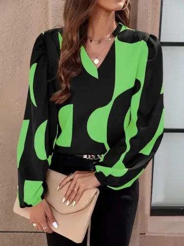 Women's Long Sleeve V Neck Patterned Modal Blouse - 1