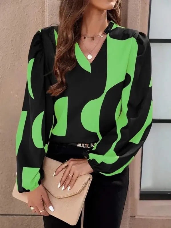 Women's Long Sleeve V Neck Patterned Modal Blouse - 1