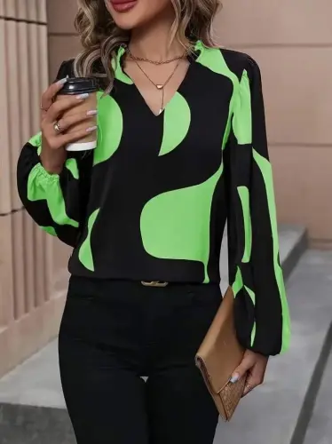 Women's Long Sleeve V Neck Patterned Modal Blouse - BÜYÜKBEDENIZ (1)