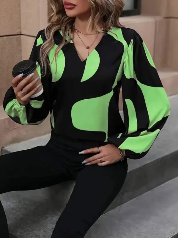 Women's Long Sleeve V Neck Patterned Modal Blouse - 3